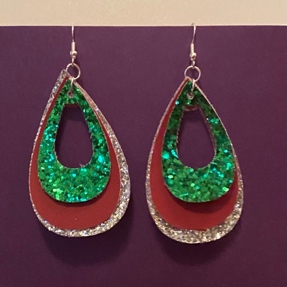 Handmade Faux Leather Red Green & Silver Earrings